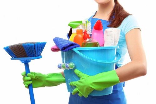 Cleaner preparing safe cleaning equipment before work