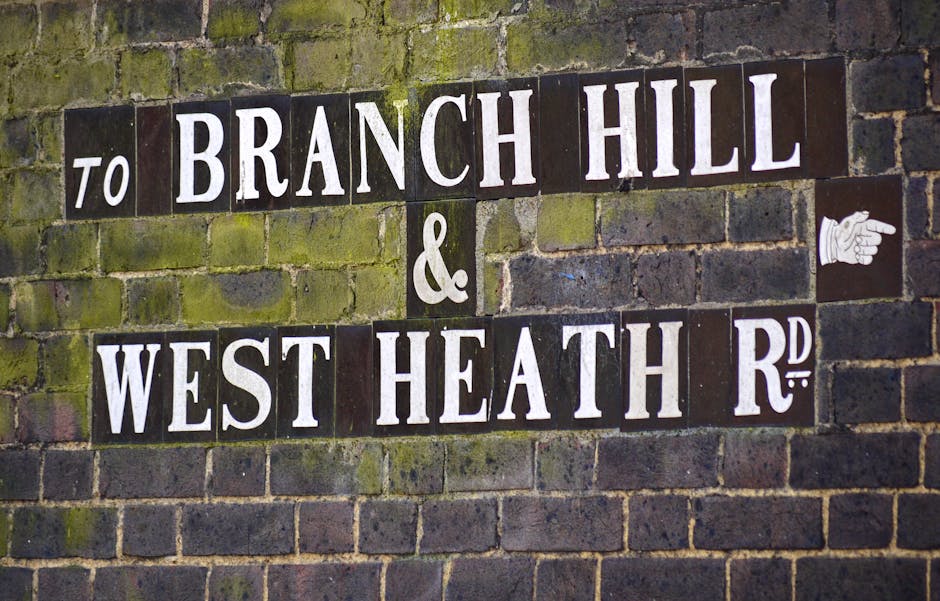 A moss-covered brick wall displaying a vintage street sign with white lettering on black background reading 'TO BRANCH HILL & WEST HEATH RD'. The sign appears weathered, with some moss and dirt accumulation, and features a small white hand icon pointing to the right. This sign is part of the urban setting in West Hampstead, London. The environment is well-lit, highlighting the texture of the aged bricks and the signage, consistent with a street scene near residential or commercial areas, as seen in residential and commercial cleaning guides like those from cleanerwesthampstead.co.uk.